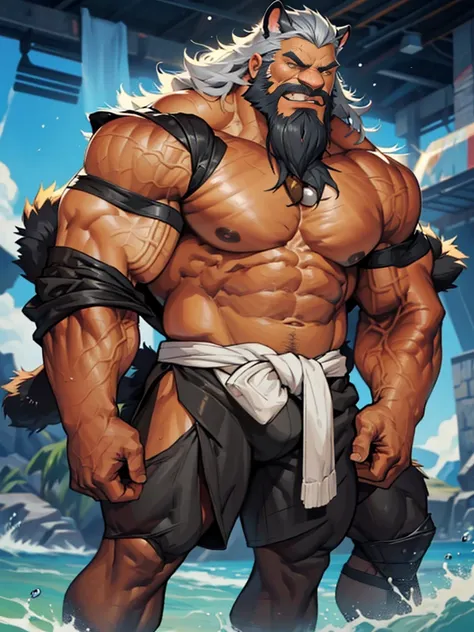 A burly, virile, and hairy werewolf, exuding the irresistible charm of a himbo muscle daddy. His middle-aged features, adorned by a long, bushy beard and a thick mustache, reveal a life of experience and adventure. His body, sculpted into a warriors build ...