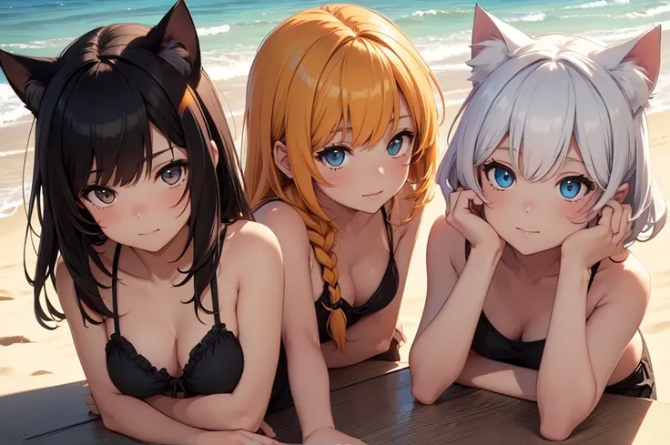 2 girls, neko, cat girls, twins, sisters, beach, sunny, high res, masterpiece, supersharp, high quality, masterpiece, HD, cute face, soft shadows, natural lighting, sunny, beach, multicolored hair, high res, masterpiece, supersharp