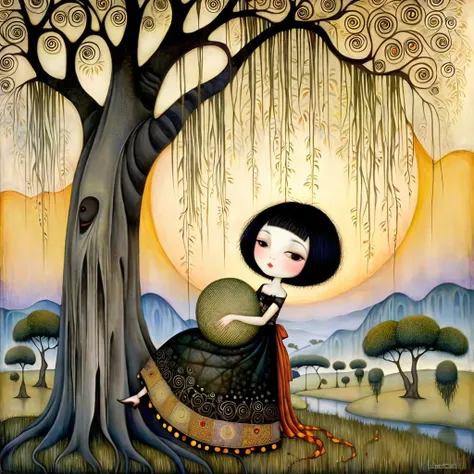 Patchwork by Klimt, Nicoletta Ceccoli, Naoto Hattori, Lawrence Didier, Leonora Carrington of European woman with short black hair, wearing a wide skirt, rests leaning against the trunk of large weeping willow and smiles softly as the sun sets on the horizo...