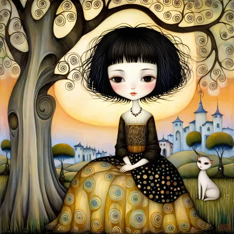 Patchwork by Klimt, Nicoletta Ceccoli, Naoto Hattori, Lawrence Didier, Leonora Carrington of European woman with short black hair, wearing a wide skirt, rests leaning against the trunk of large weeping willow and smiles softly as the sun sets on the horizo...