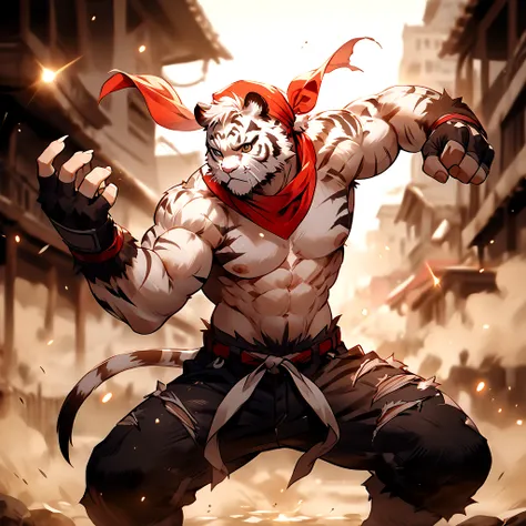 an athletic, muscular anthro white tiger wearing torn jeans and no shirt, wearing fingerless gloves, wearing a red bandana, in a...