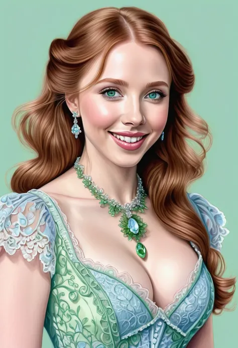 A colored pencil sketch of a beautiful victorian women who is a mash up of Molly Quinn, Scarlett Johanson and Alison Brie. Light Pink and Light blue dress. Green Eyes, Wide innocent smile, lace, jewels, large eyes, filligree.