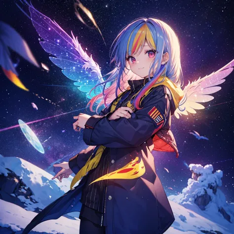 ((Fantasy　Rainbow Hair　Make your hair rainbow-colored on the inside　Long Hair　Dull red eyes　Has a galaxy　uniform　Put on a coat without putting your arms through it　Wings many times larger than mine　Lonely　Smiling Kindly))　((tears　gloves))　(Broken glass　Dis...