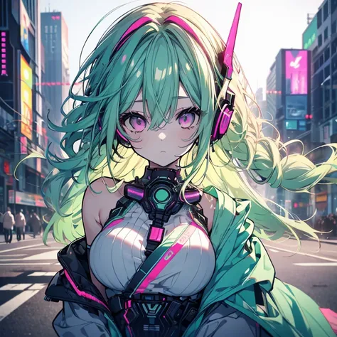 1 girl、Mature、Ample breasts、Curly Hair、Mint green hair、Long Hair、Pink Eyes、Idol Costumes、Shoulder Bare、Glowing headphones、Cyberpunk outfit、Bust-up perspective、High resolution、Highest quality、Hair blowing in the wind、Diva、beautiful