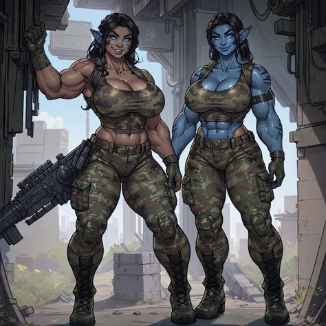 solo, 1girl, alien creature, alien woman, striped skin, silver skin, pointed ears, glowing blue eyes, female, buff, muscular, huge breasts, highly detailed eyes, Amazon, wearing camouflage_uniform, (urban uniform:1.2), military camp, rolled sleeves, shirt,...