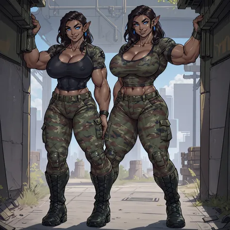 solo, 1girl, alien creature, alien woman, striped skin, silver skin, pointed ears, glowing blue eyes, female, buff, muscular, huge breasts, highly detailed eyes, Amazon, wearing camouflage_uniform, (urban uniform:1.2), military camp, rolled sleeves, shirt,...