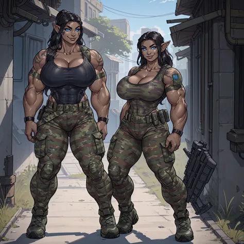 solo, 1girl, alien creature, alien woman, striped skin, silver skin, pointed ears, glowing blue eyes, female, buff, muscular, huge breasts, highly detailed eyes, Amazon, wearing camouflage_uniform, (urban uniform:1.2), military camp, rolled sleeves, shirt,...