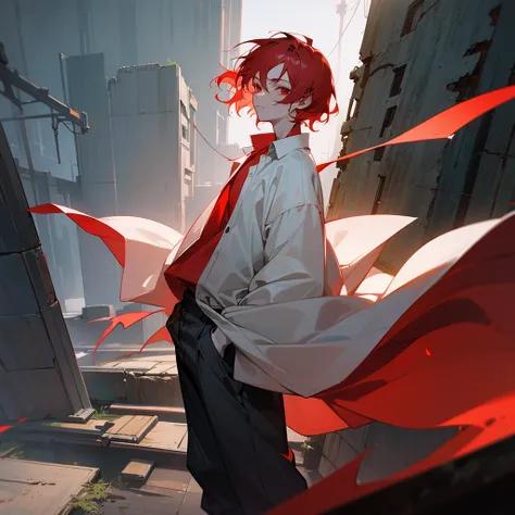 1male, young adult, finely detailed red eyes, pale red hair, wavy short hair, loose shirt, baggy pants, standing on ruined building, night time, somber expression