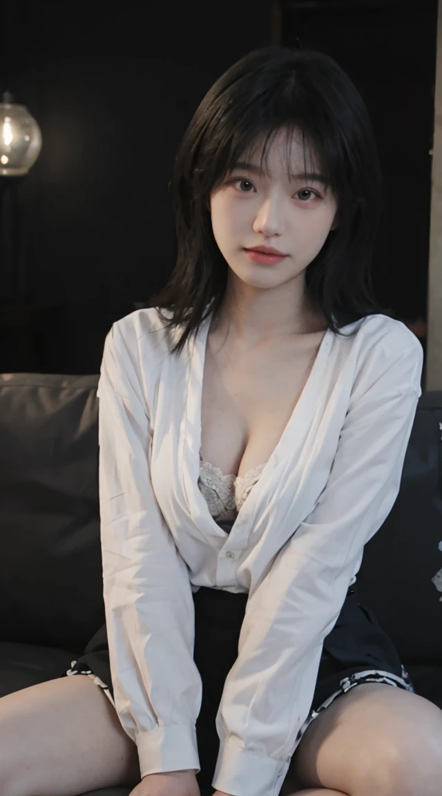 best quality，masterpiece，Ultra-high resolution，（Realistically：1.4），8K,1 girl，Sexy highlighted，（shirt：1.2，开襟shirt，1.4），（bra：1.4），（Large cleavage：1.4），（whole body：1.4），（Black miniskirt：1.4，Sitting：1.4，Open your legs：1.4）