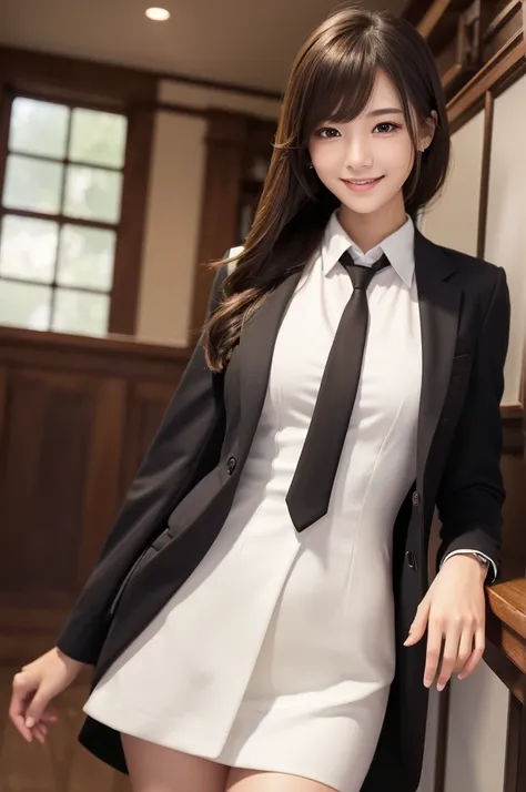 masterpiece、Highest quality、Very detailed、An illustration、Beautiful details、One Girl、cute、Detailed landscape、Library Background、Beautiful Hairstyles、Perfect Anatomy:1.4,4K resolution,((In a suit)),Smiling,(Ultra-realistic), (最高のAn illustration), (Increase ...