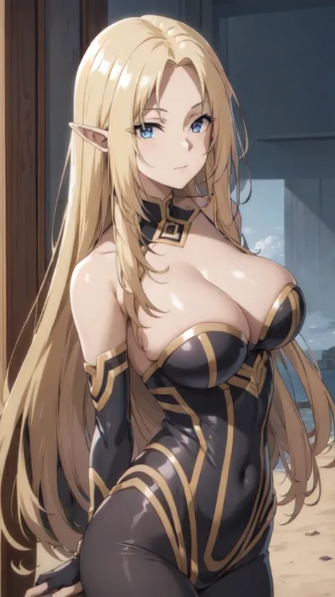 (Upper Body:1.3),Medium Shot,anime,masterpiece,gravure, 8k,Realistic, Beautiful woman,An elegant and mature elven woman, Elf Ears,blue eyes, Put your arms behind your head,(美的animeの目:1.3),Large Breasts,Blonde, Black bodysuit, smile,Beautiful breasts,8K res...