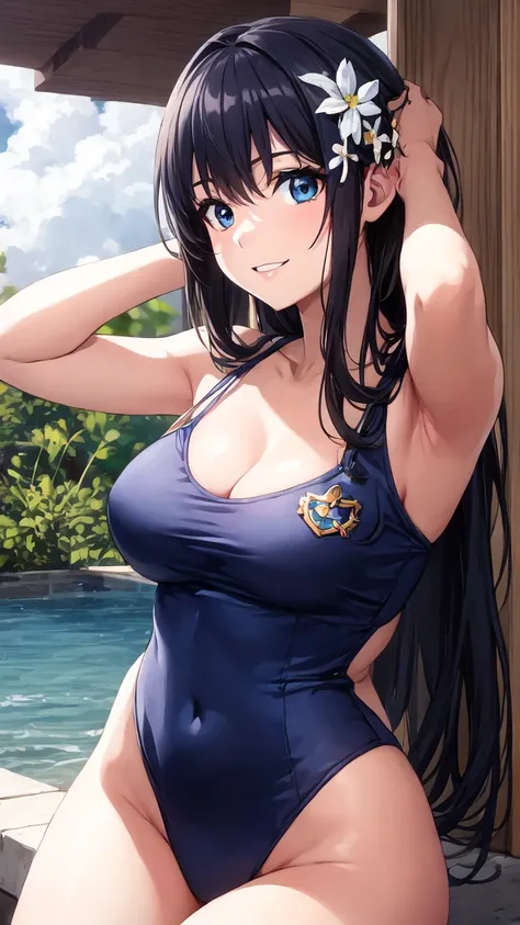 (Perfect hands, Perfect Anatomy:1.4), Satin Ruiko, alone,(Navy school swimsuit:1.5),(A neat figure,thin:1.4),(Hairstyle is a princess cut:1.5),(Black Hair:1.4), blue eyes, (Black Hairの:1.4),(Black Hairの:1.4),Long Hair,(Straight long hair:1.4), hair ornamen...