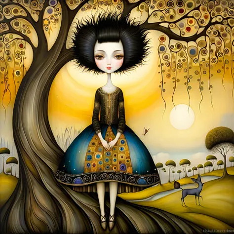 Patchwork by Klimt, Nicoletta Ceccoli, Naoto Hattori, Lawrence Didier, Leonora Carrington of European woman with short black hair, wearing a wide skirt, is lying under a large weeping willow tree and smiling softly as the sun sets on the horizon. intricate...