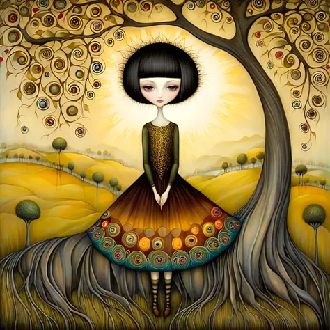 patchwork by klimt, nicoletta ceccoli, naoto hattori, lawrence didier, leonora carrington of european woman with short black hai...