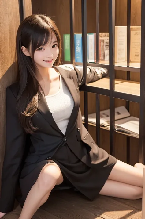 masterpiece、Highest quality、Very detailed、An illustration、Beautiful details、One Girl、cute、Detailed landscape、Library Background、Beautiful Hairstyles、Perfect Anatomy:1.4,4K resolution,((In a suit)),Smiling,(Ultra-realistic), (最高のAn illustration), (Increase ...