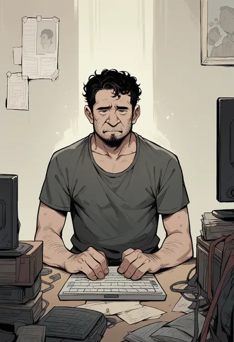 A 37-year-old man, with curly black hair, a short beard, facing a Dell computer, with a wall behind him with several action figures
edit