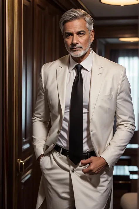 "A confident and authoritative 57-year-old doctor with short silver hair and a well-groomed appearance, wearing a white coat over a black dress shirt with a black tie. He stands in a 3x4 photo. He is in his elegantly decorated office with a modern, luxurio...