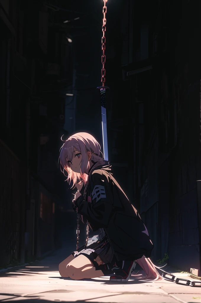 anime girl kneeling on the ground with a chain around her neck, anime wallaper, zerochan art, holding a sword on her shoulder, she is holding a sword, gapmoe yandere grimdark, hd anime wallaper, badass anime 8 k, 4k anime wallpaper, anime art wallpaper 8 k...