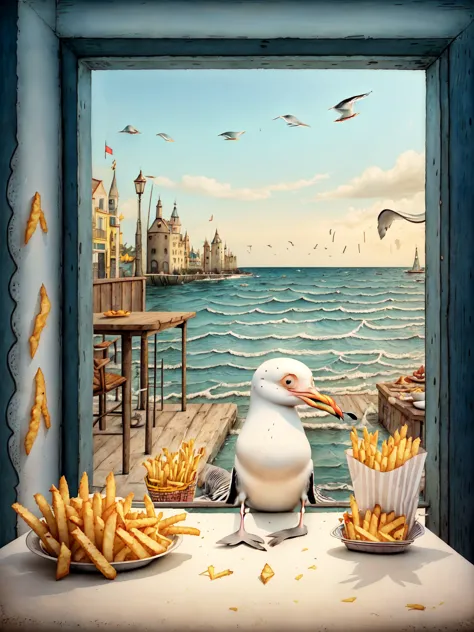 imagen centrada, plano general, cuento , escena de cuento infantil:1.4, ((a seagull eating french fries:1.3 en un restaurant bie...