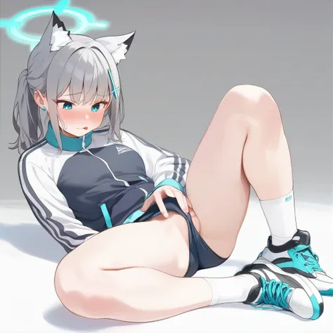 score_9, score_8_up, score_7_up, score_6_up, score_5_up, score_4_up, source_anime, screenshots, 
shiroko-gym, shiroko (blue archive),blue eyes,grey hair,hairclip,animal ears,halo,track jacket,buruma,white socks,sneakers,
 Erotic、Rub your left breast with y...