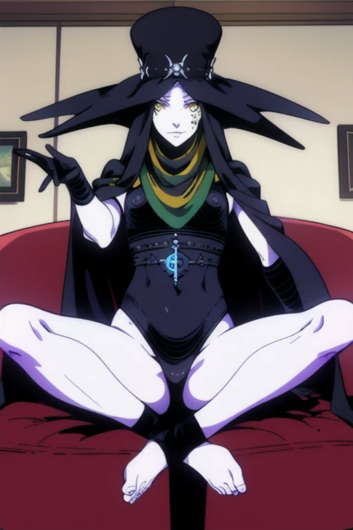 Masterpiece, best quality, Scathach, solo, female1, shin megami tensei, cape hat, black cape, cape coving, flower tattoo, gloves, white skin, (yellow eyes 1.1), flowing, sitting, shirt, smile, couch, living room