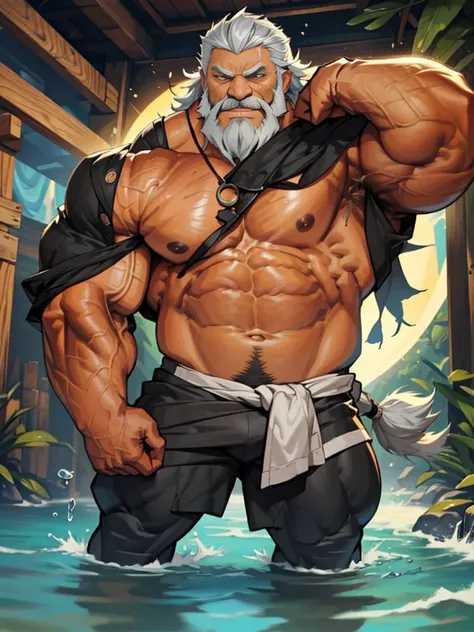 A burly, virile, and hairy werewolf, exuding the irresistible charm of a himbo muscle daddy. His middle-aged features, adorned by a long, bushy beard and a thick mustache, reveal a life of experience and adventure. His body, sculpted into a warriors build ...