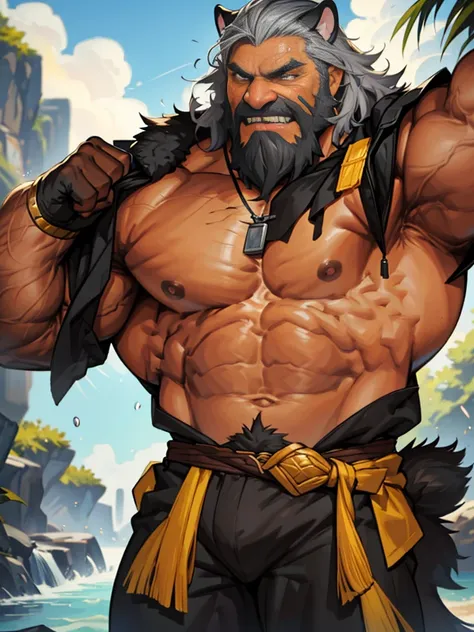 A burly, virile, and hairy werewolf, exuding the irresistible charm of a himbo muscle daddy. His middle-aged features, adorned by a long, bushy beard and a thick mustache, reveal a life of experience and adventure. His body, sculpted into a warriors build ...