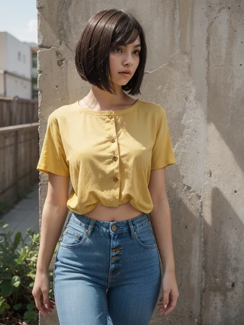 A full body photo of an 25 years old woman with short black straight hair, side part Bob haircut without fringe, side parted hairstyle, black eyes small, upturned nose, slender body, small breasts, wearing a short sleeve yellow blouse with buttons on the f...