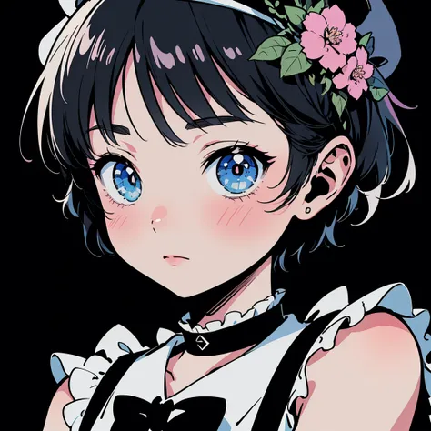 ultra detailed,best quality,delicate illustration,manga,pixiv art,anime art,unity 8k wallpaper,ultra delicate line drawing,kawaii,cool,nervous,upperbody,{{shiny short hair,black short hair,
Chic gothic punk style, black beret, hydrangea corsage,Holds a Mjo...