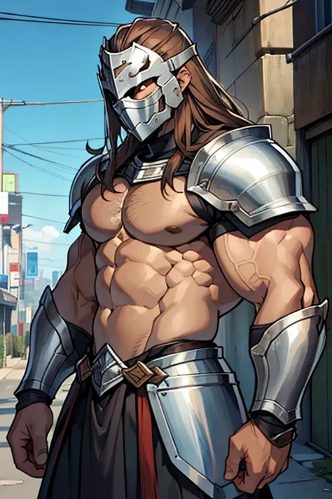 Muscular man long brown hair silver armor mask bare chested silver knight armor 