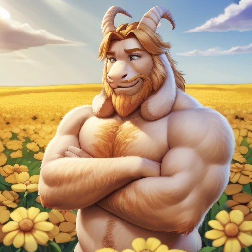 asgore, no clothes, no topwear, no bottomwear, nude, naked, hyper muscular, (soft shading), 4k, hi res, five fingers, detailed hands, ((detailed face, (detailed eyes:1.0), detailed)), (worm angle view), by zackarry911, by zaush, (by personalami:0.5), male ...