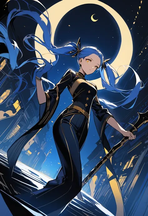 (One very tall, good looking woman,Navy Blue Hair,Her hairstyle is twin tails that expose her forehead., yellow eyes,Medium chest,Dynamic Angle)Thick Black１Color ,Black trousers,The woman is carrying a spear in one hand.,Crescent Moon Night