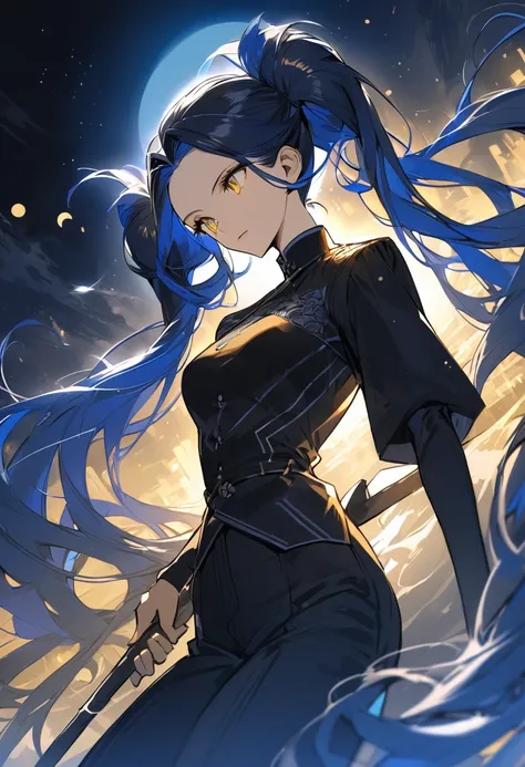 (One very tall, good looking woman,Navy Blue Hair,Her hairstyle is twin tails that expose her forehead., yellow eyes,Medium chest,Dynamic Angle)Thick Black１Color ,Black trousers,The woman is carrying a spear in one hand.,Crescent Moon Night