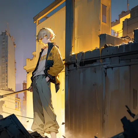 1male, young adult, finely detailed yellow eyes, pale yellow hair, wavy short hair, varsity jacket, loose shirt, baggy pants, standing on ruined building, night time, somber expression