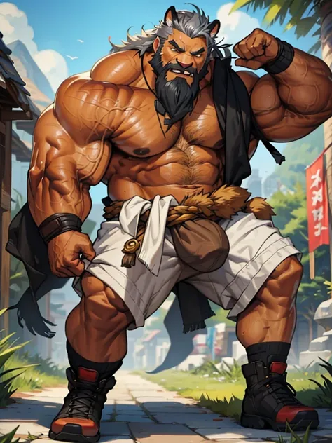 A burly, virile, and hairy werewolf, exuding the irresistible charm of a himbo muscle daddy. His middle-aged features, adorned by a long, bushy beard and a thick mustache, reveal a life of experience and adventure. His body, sculpted into a warriors build ...