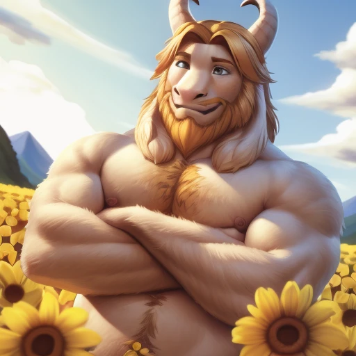 asgore, no clothes, no topwear, no bottomwear, nude, naked, hyper muscular, hyper pecs, (soft shading), 4k, hi res, five fingers...