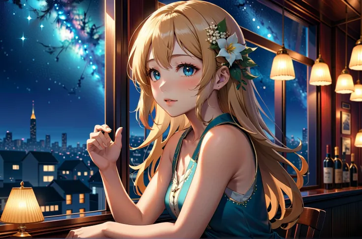 Uses Makoto Shinkai&#39;The depiction is perfect,Portrait of Riyoko Takagi 8k 4k masterpiece photo ,Glass ceiling jazz bar,Outside the window is a dim night view,The stars are twinkling in the sky,Profile close-up,Semi-long hair,sexy,Large bust,Wearing a s...