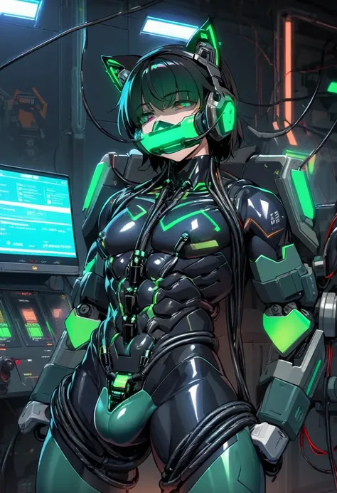 (nsfw5) (((1boy))), (((anime boy))), 20 years old, muscular body, black hair, latex suit, black latex, skintight no zipper neck entry latex suit, fullbody latex suit, shoulder plastic armour, ((wearing virtual reality headset1.5)), visible eyes, ((thick ca...