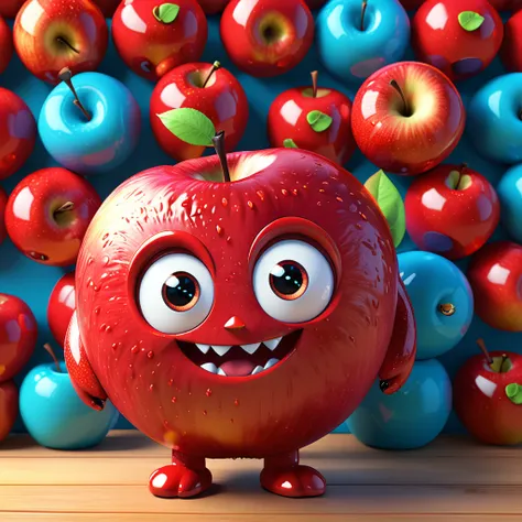 A cute apple monster with big eyes and a round red body, happily smiling. The cartoon character is designed in the style of Pixar animation studio, created using C4D software. It has an adorable red color scheme and showcases a playful expression. This vib...