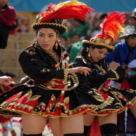 A beautiful girl dancing in Oruro, traditional Bolivian dance, Oruro. She wears an elaborate Diablada costume: black cape with red bib, white jacket decorated with sequins and flower designs with gold glitter, (red petticoat) red skirt with gold trim. Eleg...