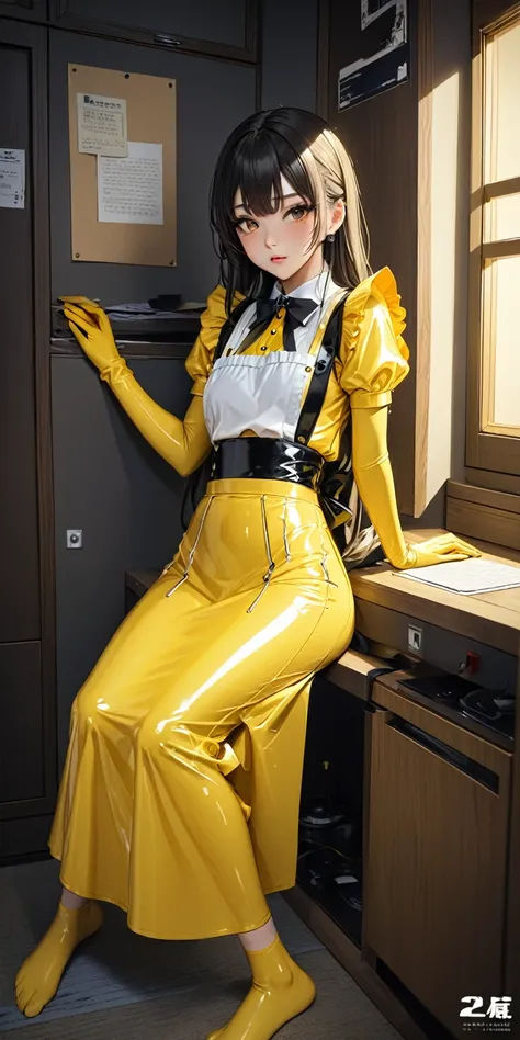 (masterpiece,Highest quality,超A high resolution),Japanese women, (((Very beautiful 25 year old girl))),(Yellow latex maid outfit)、Yellow latex long skirt、(Yellow latex long sleeve shirt)、Yellow latex long gloves、Yellow latex socks、The clothes fit snugly to...