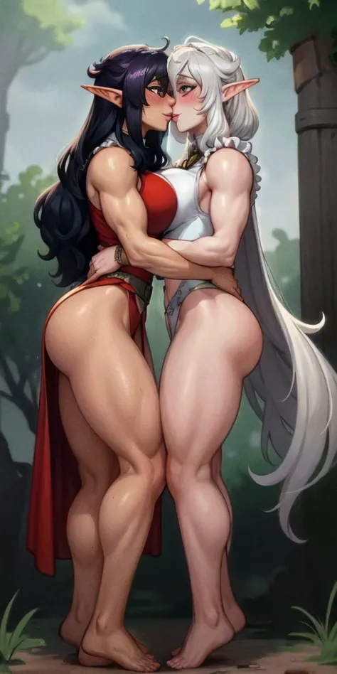 Body position: Standing, straight, symmetrical, barefoot, Lustful smile on face with red blush, 2 girls who gets married and stands in front of many people, kissing, purple skin drow elves