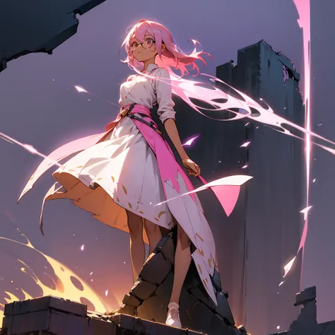 1female, young adult, tan skin, finely detailed lavander eyes, straight medium, pink hair, open yukata, standing on ruined building, night time, serious expression, glasses