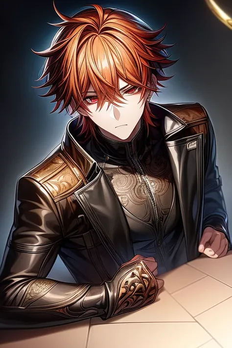 (masterpiece, best quality, perfect face, expressive eyes), 1boy, (anime), (male), orange hair, red eyes, intricate details, (black leather coat), 