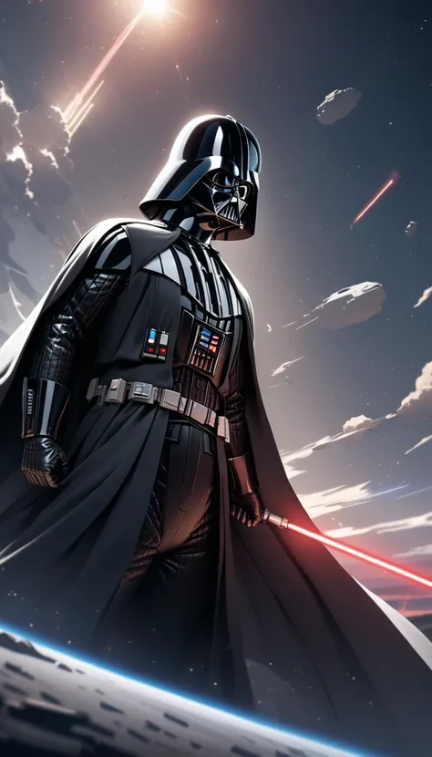 (best quality, masterpiece, colorful, dynamic angle, highest detailed) darth vader with a red and blue lightsaber, a clear feeli...