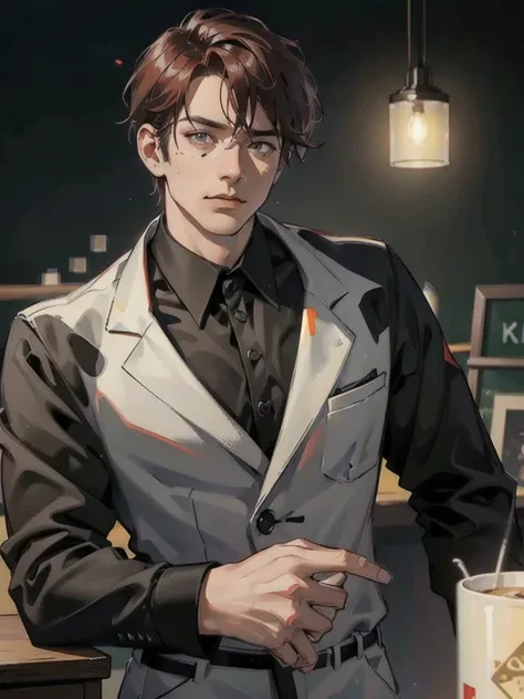 a 40 year old man with red short hair, grey eyes, moles all over the face, wearing an official uniform, masculine, teacher, best quality, 8k, highres, masterpiece, ultra-detailed, realistic, photorealistic, studio lighting, extreme detail description, prof...