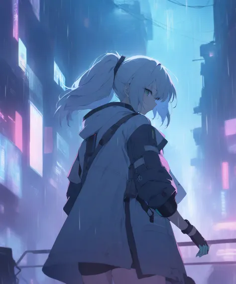 1girl,solo,look sky,cyberpunk background,rain