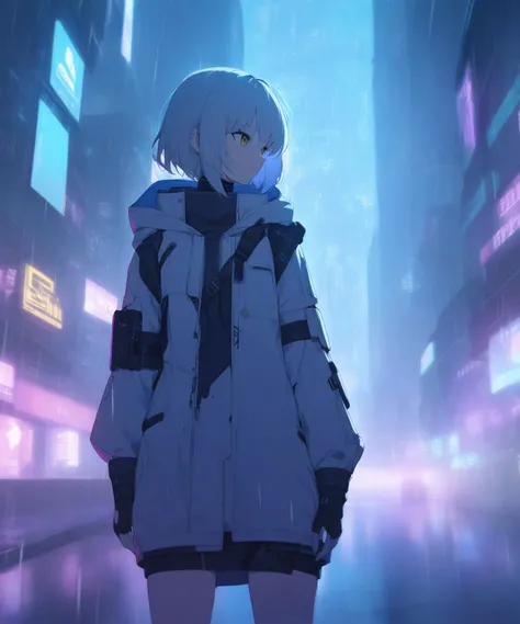 1girl,solo,look sky,cyberpunk background,rain