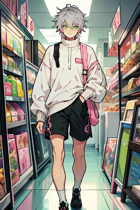 Young man gray hair one green eye and one pink eye with hair clips in hair white sweater black shorts 