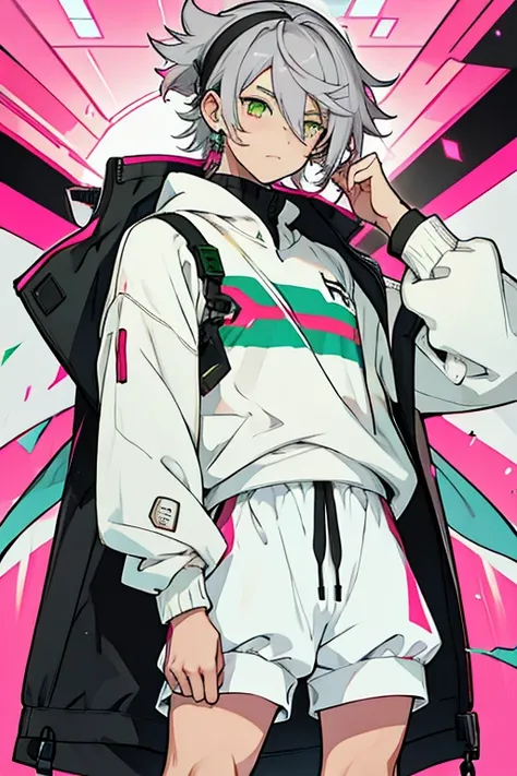 Young man gray hair one green eye and one pink eye with hair clips in hair white sweater black shorts 